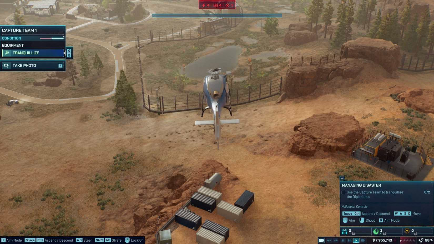 Uma vista aérea de um parque de dinossauros exuberante em Jurassic World Evolution 3, com visitantes observando um T-Rex em seu recinto