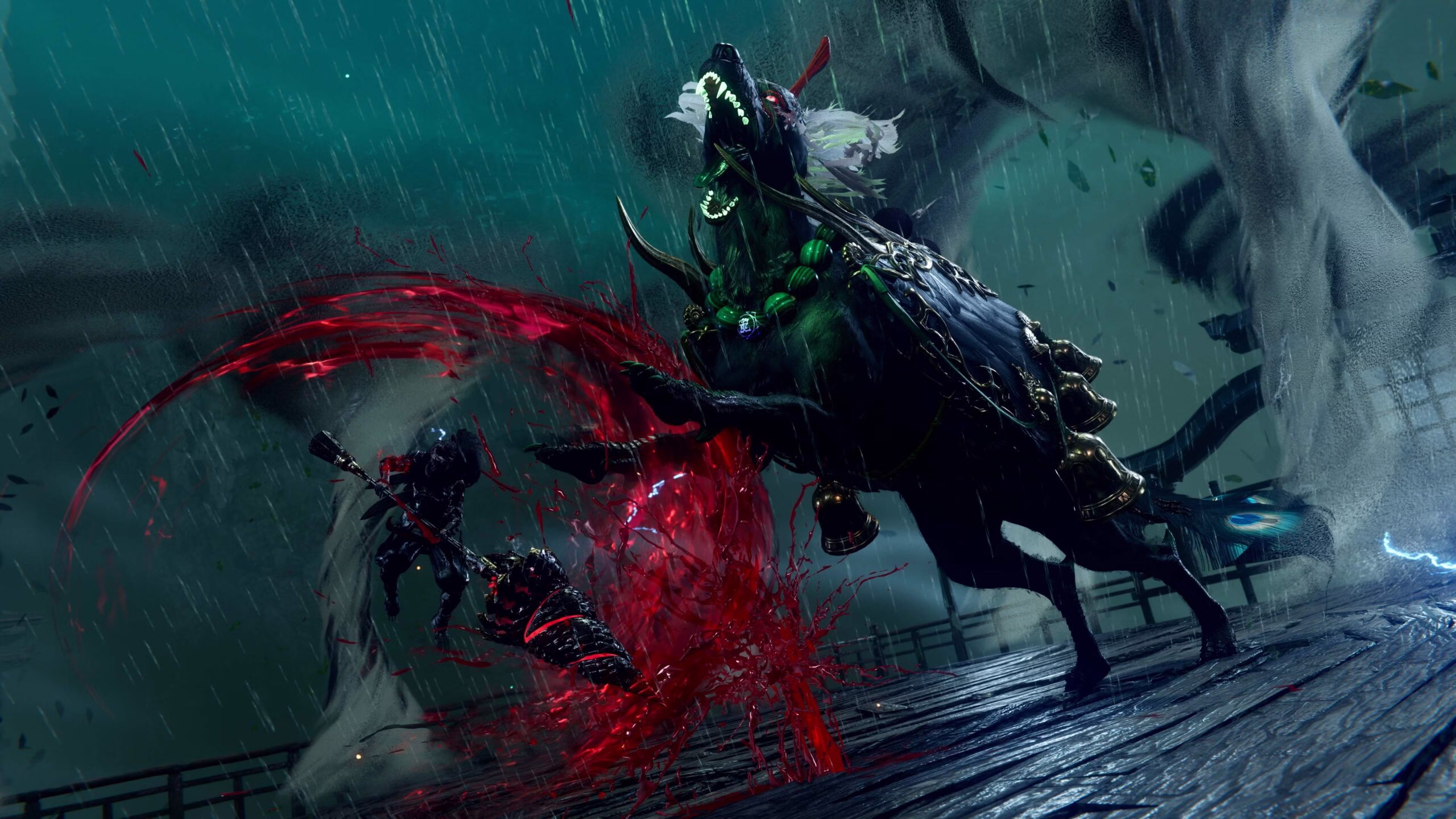 Personagem Yakumo em combate brutal em Ninja Gaiden 4