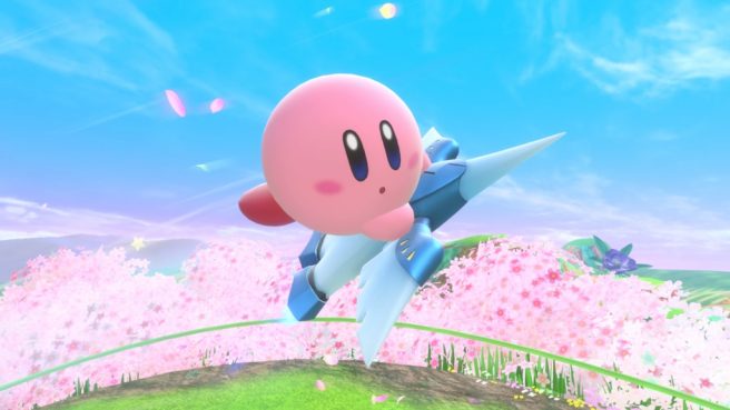 Kirby voando em seu Air Ride Machine, com indicadores de framerate e resolução em uma análise técnica.