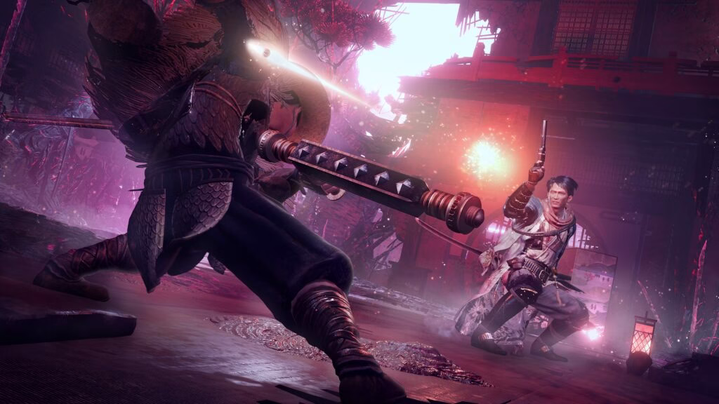 Ilustração de um samurai enfrentando um Yokai em um cenário de campo aberto em Nioh 3.