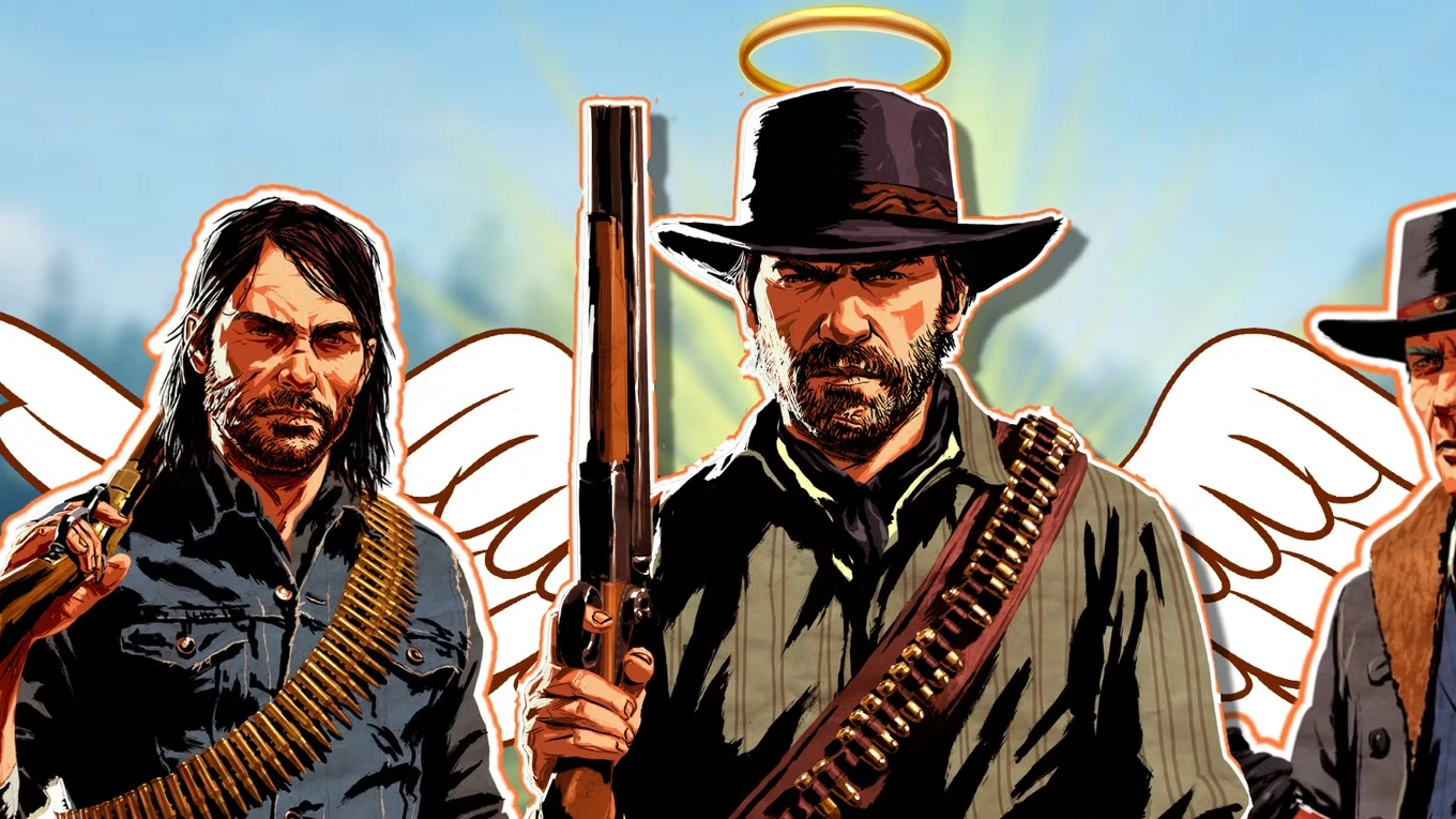 Arthur Morgan a cavalo em paisagem aberta.