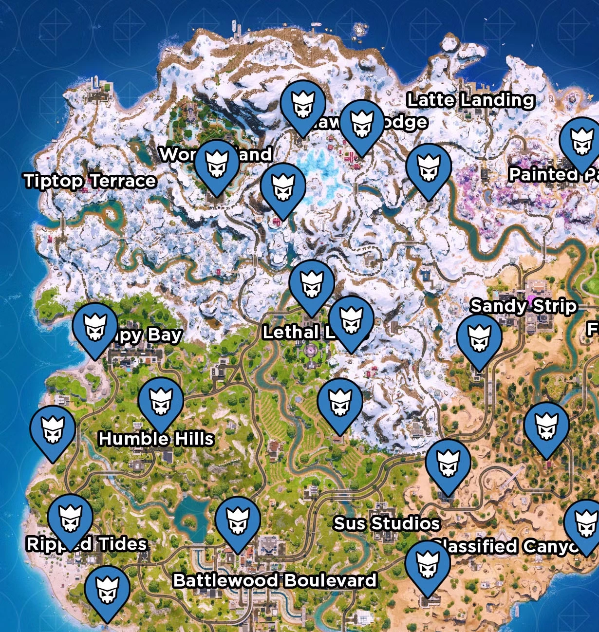 Boss spawn locations in Fortnite Chapter 7 Season 1