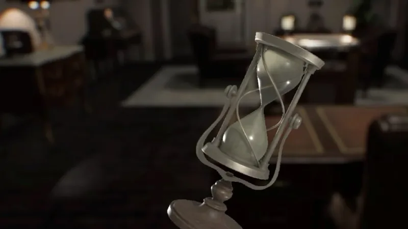 Quebra-cabeça da Suíte VIP em Resident Evil Requiem — ampulheta e hélice dupla