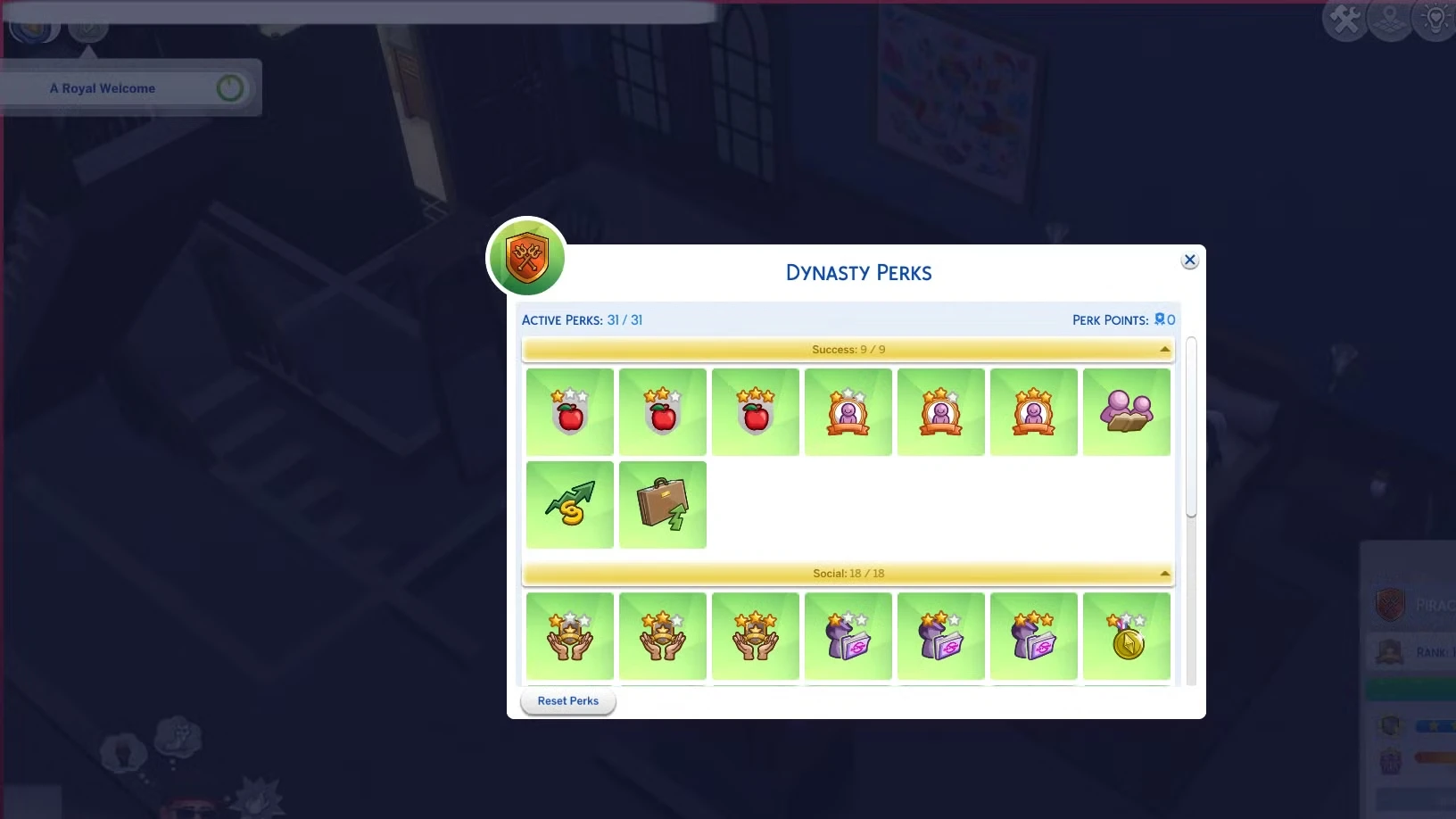 The Sims 4 Royalty and Legacy All Dynasty Perk Point Rewards