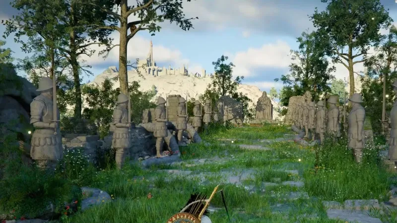 Quebra-cabeça das estátuas em Drakesfall Gorge, em Crimson Desert