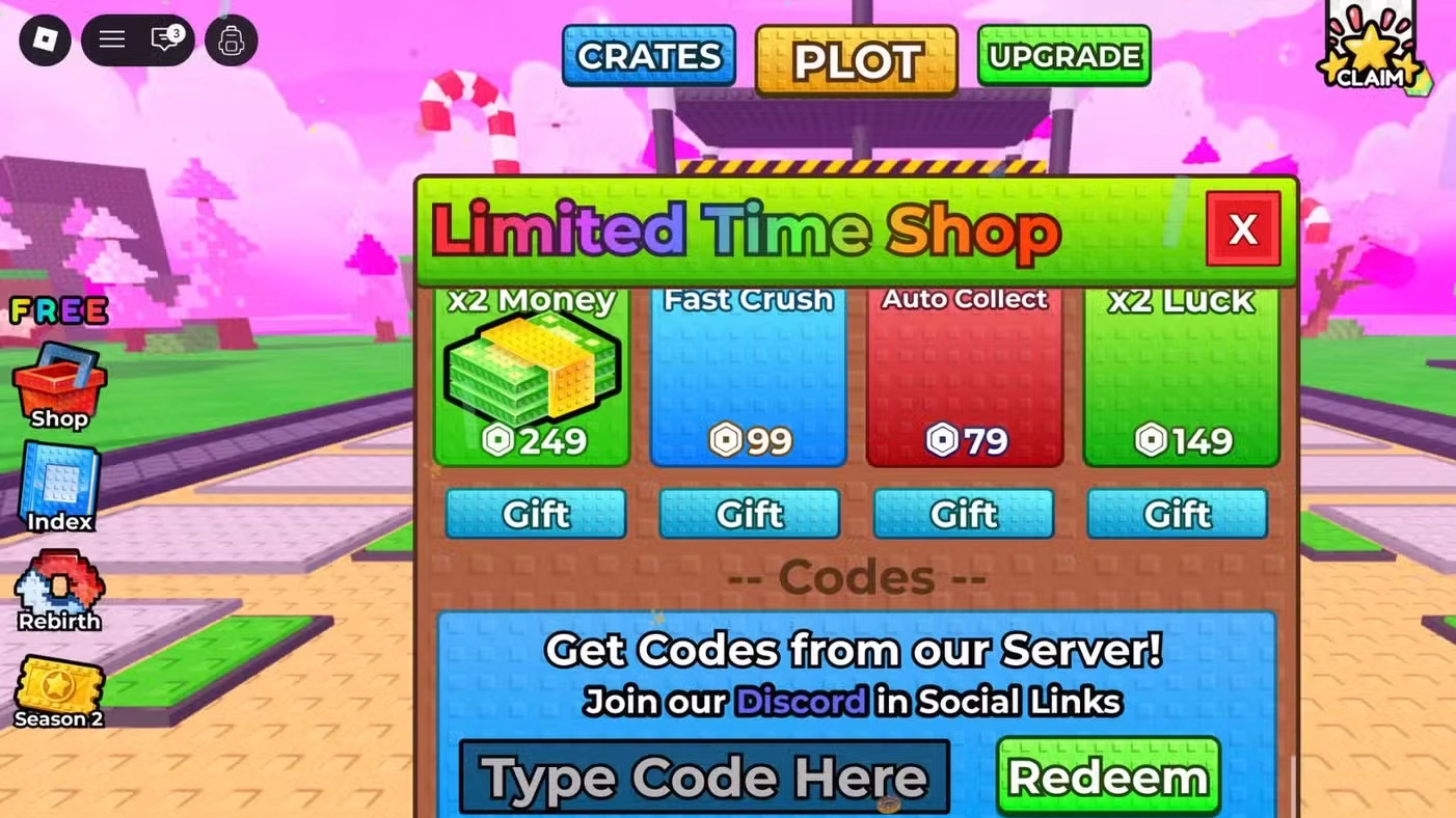 Roblox Crush for Brainrots Codes