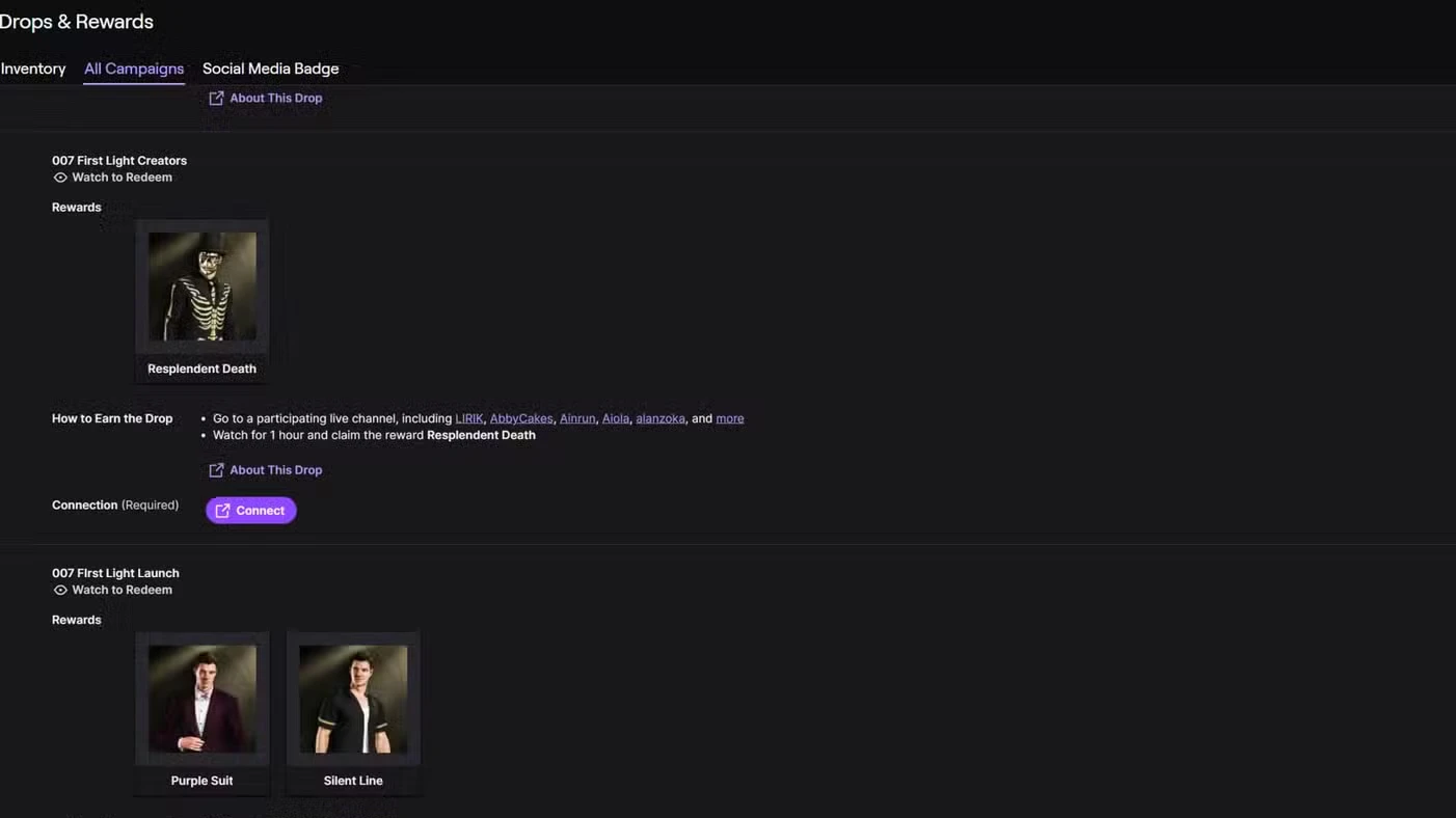 All 007 First Light Twitch Drop Rewards (Free Outfits)
