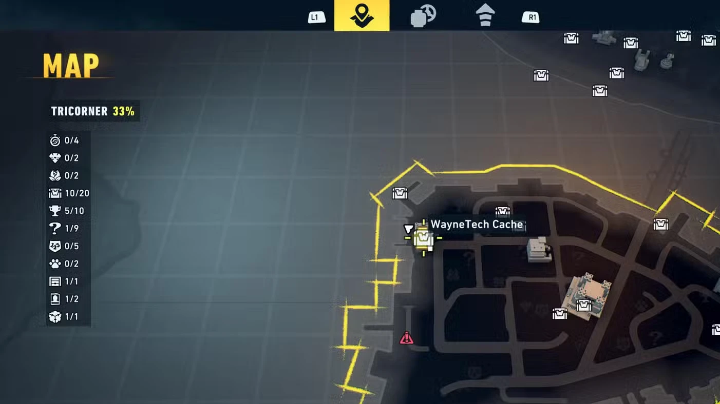 All Tricorner WayneTech Caches in LEGO Batman: Legacy of the Dark Knight