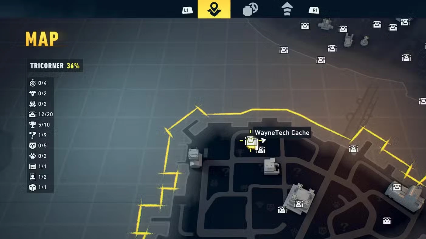 All Tricorner WayneTech Caches in LEGO Batman: Legacy of the Dark Knight