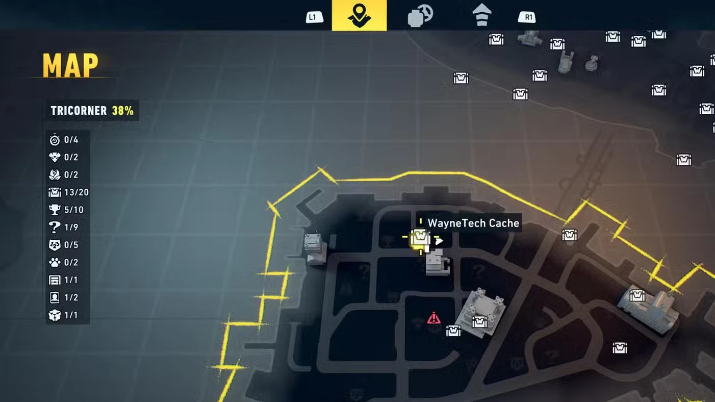All Tricorner WayneTech Caches in LEGO Batman: Legacy of the Dark Knight