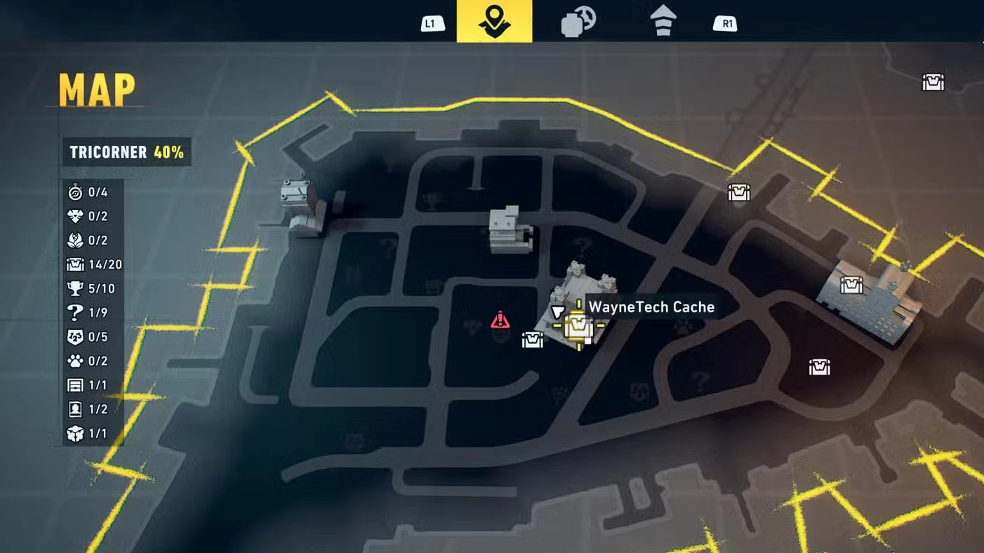 All Tricorner WayneTech Caches in LEGO Batman: Legacy of the Dark Knight
