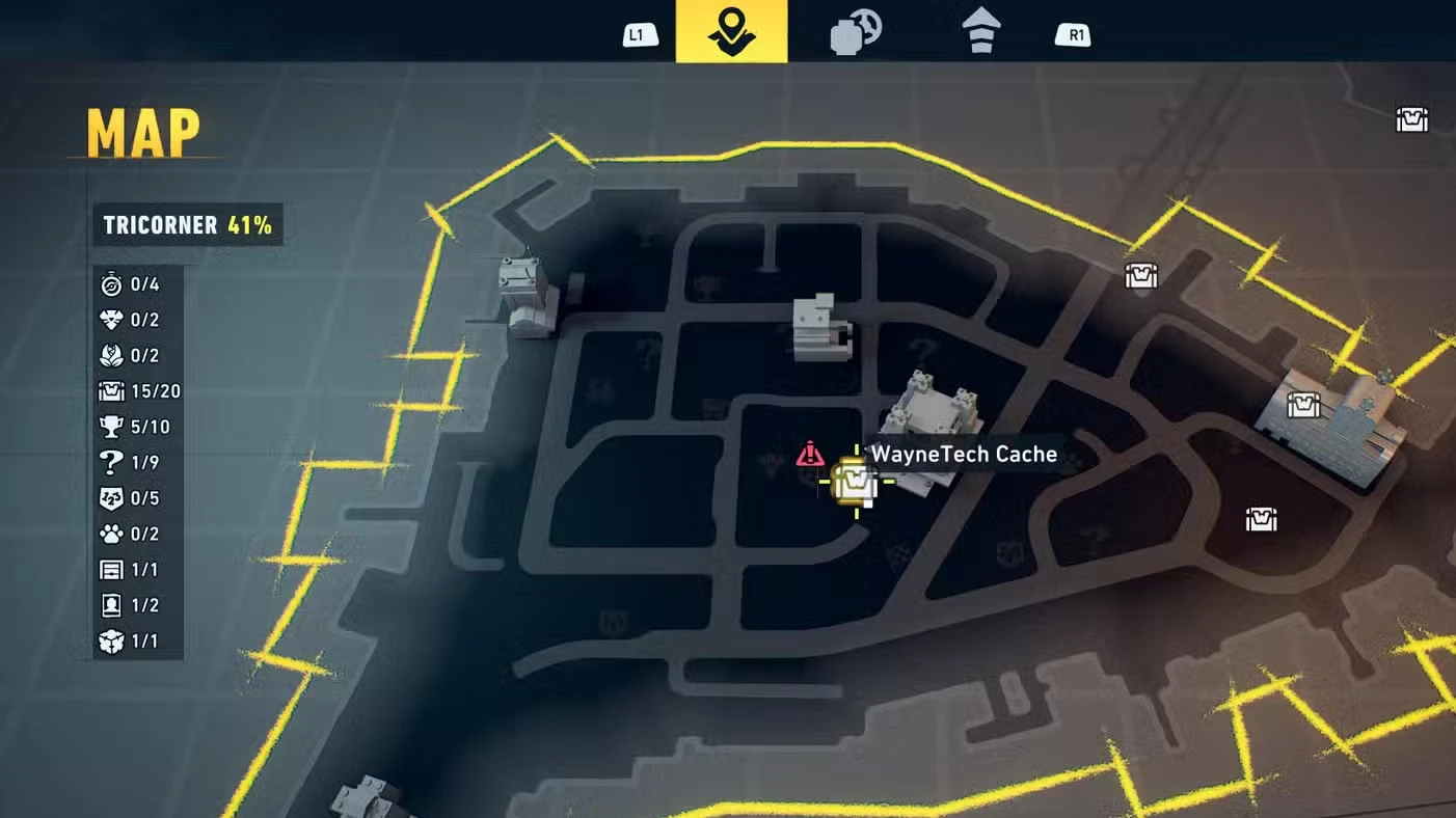 All Tricorner WayneTech Caches in LEGO Batman: Legacy of the Dark Knight