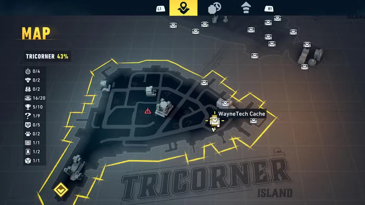 All Tricorner WayneTech Caches in LEGO Batman: Legacy of the Dark Knight