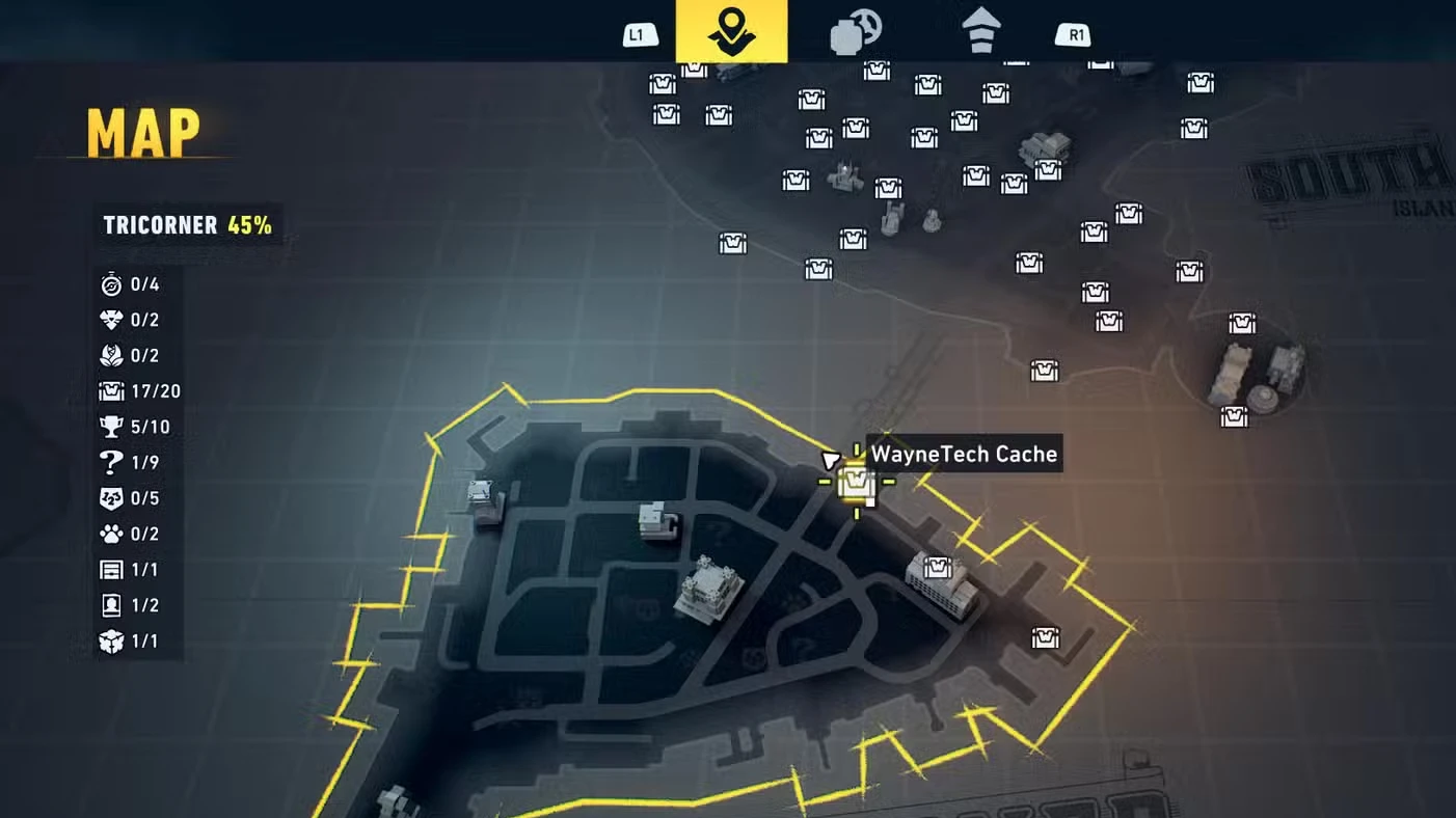 All Tricorner WayneTech Caches in LEGO Batman: Legacy of the Dark Knight