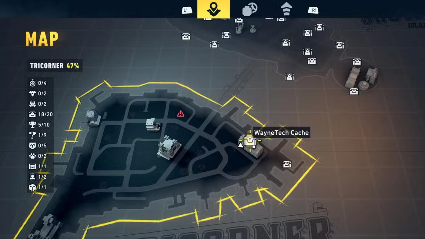 All Tricorner WayneTech Caches in LEGO Batman: Legacy of the Dark Knight