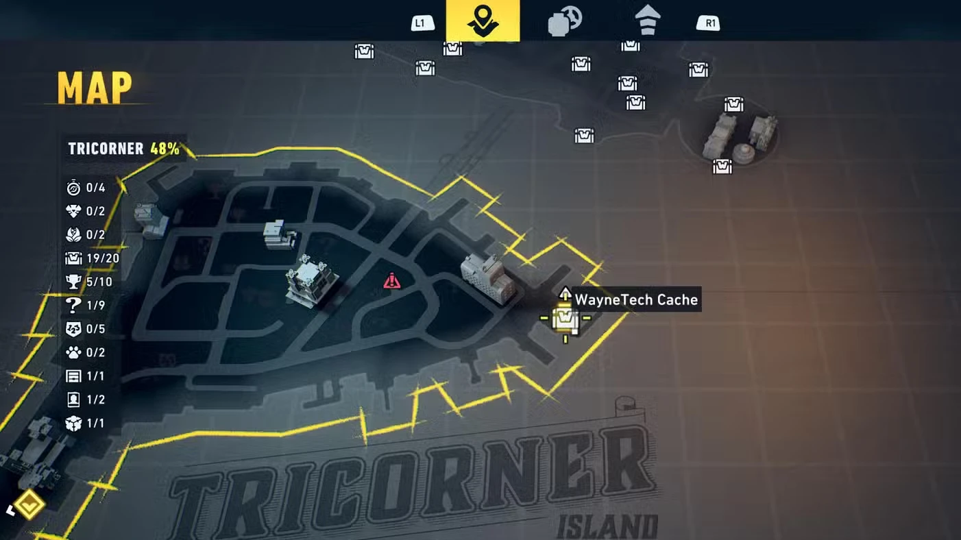 All Tricorner WayneTech Caches in LEGO Batman: Legacy of the Dark Knight