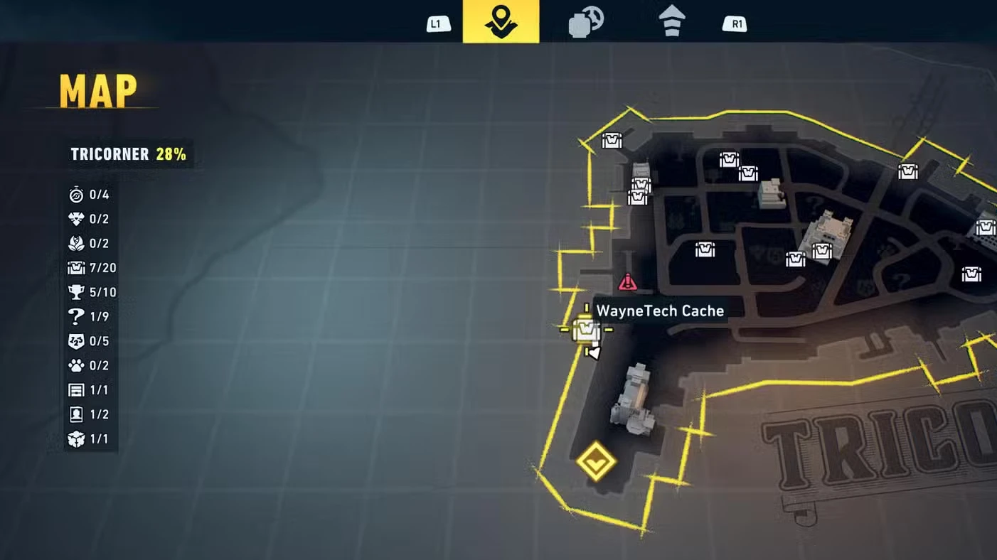 All Tricorner WayneTech Caches in LEGO Batman: Legacy of the Dark Knight