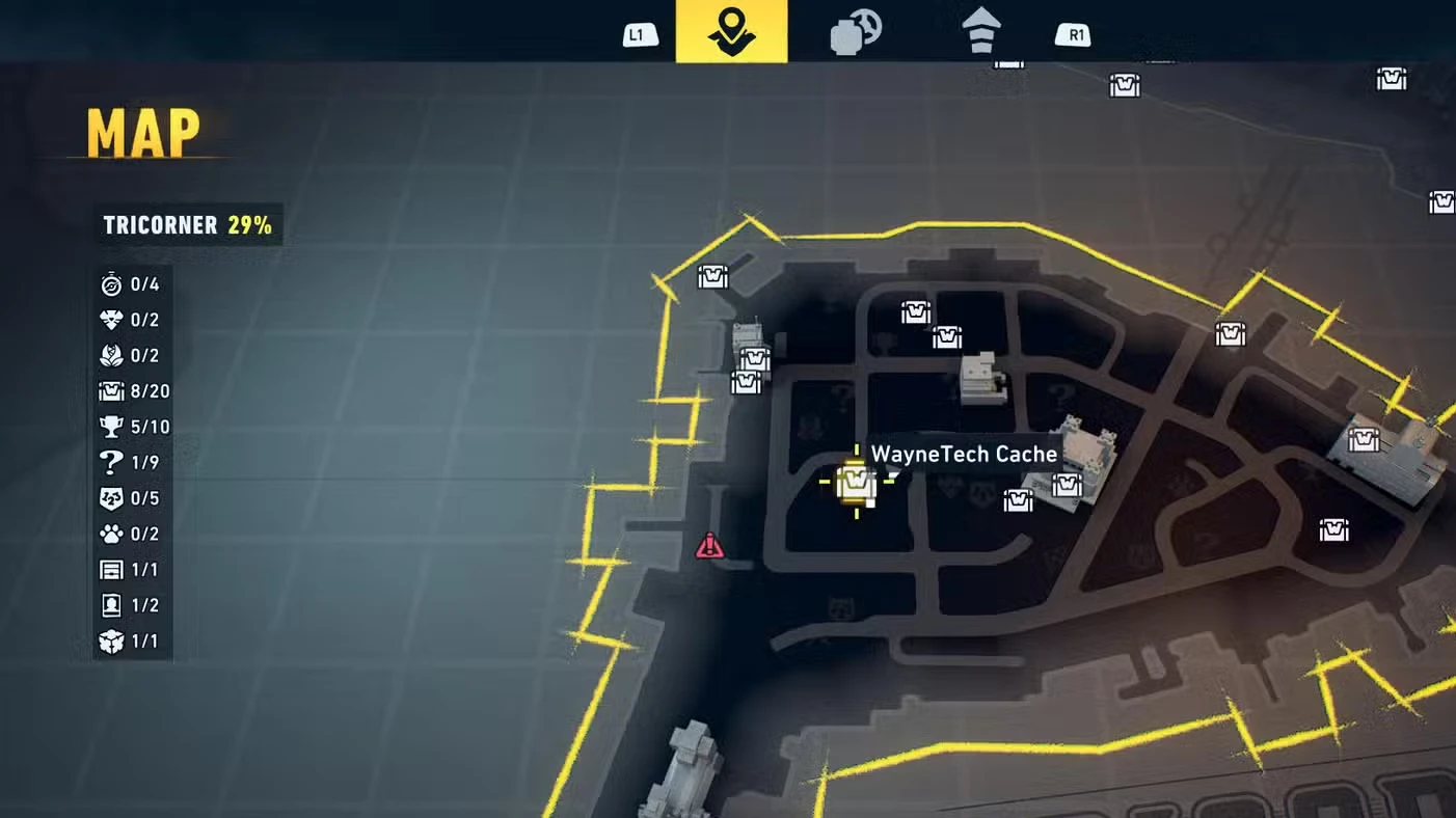 All Tricorner WayneTech Caches in LEGO Batman: Legacy of the Dark Knight