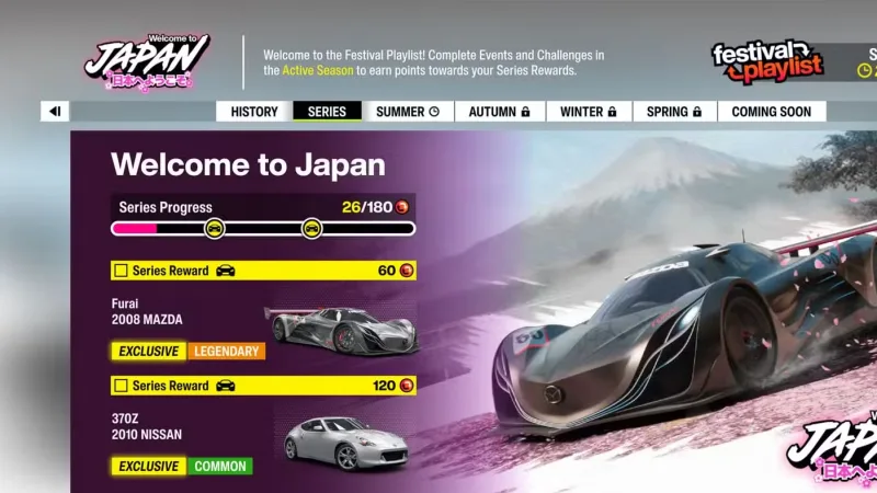 Desafios e recompensas da playlist “Welcome to Japan” em Forza Horizon 6