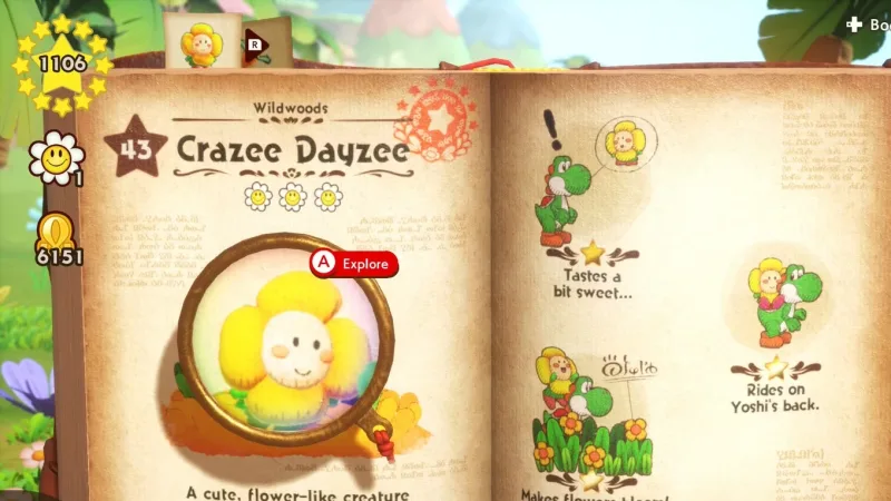 Descobertas do Crazee Dayzee em Yoshi and the Mysterious Book