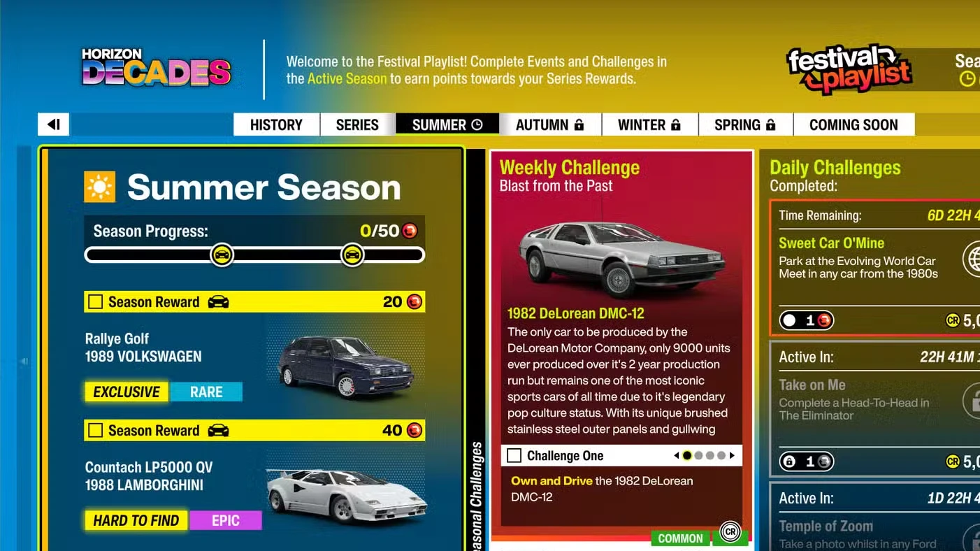 All 'Horizon Decades' playlist challenges and rewards in Forza Horizon 6