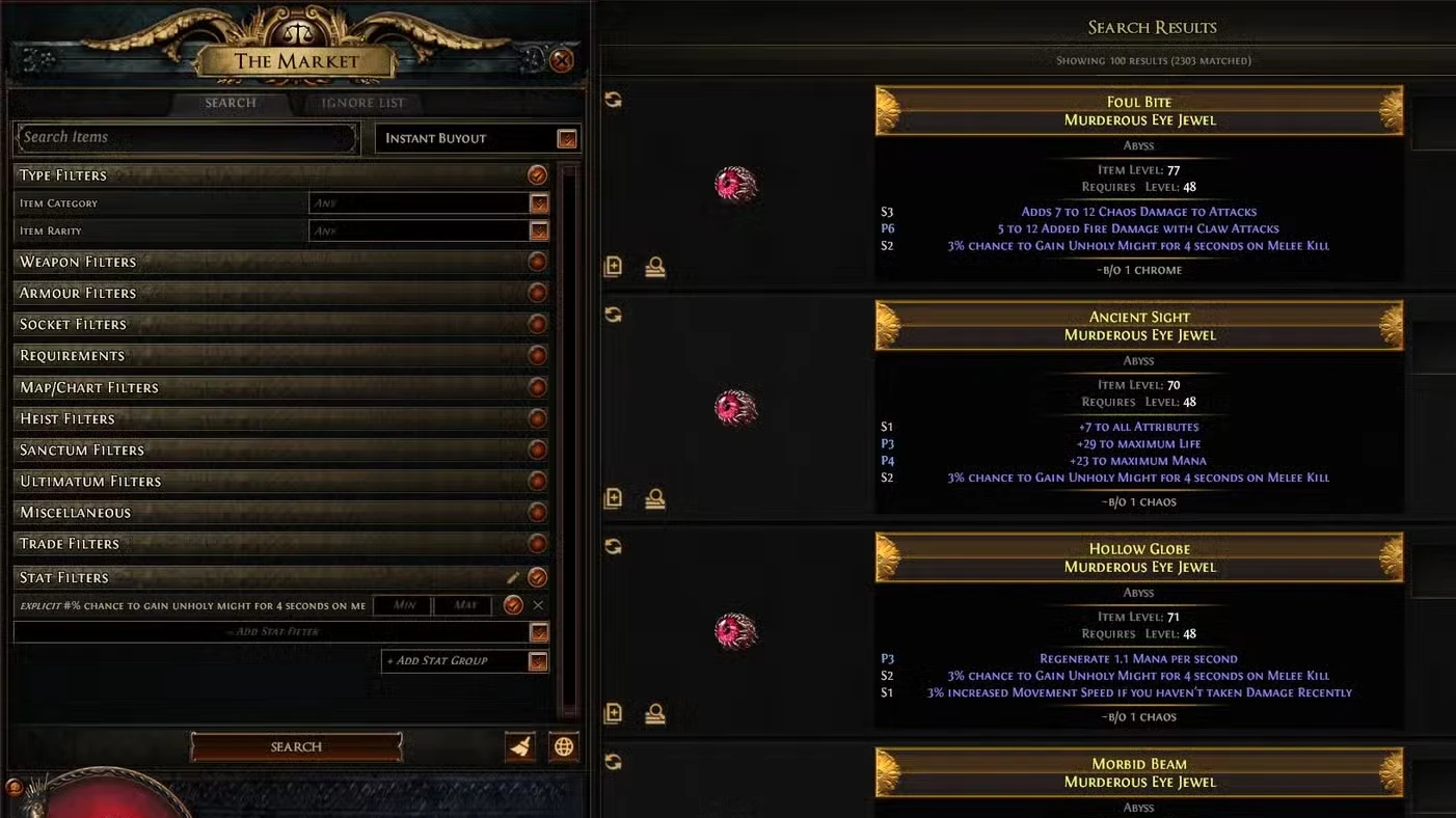 Todas as fontes de Unholy Might em Path of Exile