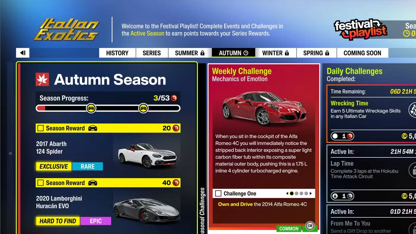 Desafios e recompensas da série Italian Exotics (Série 3) em Forza Horizon 6