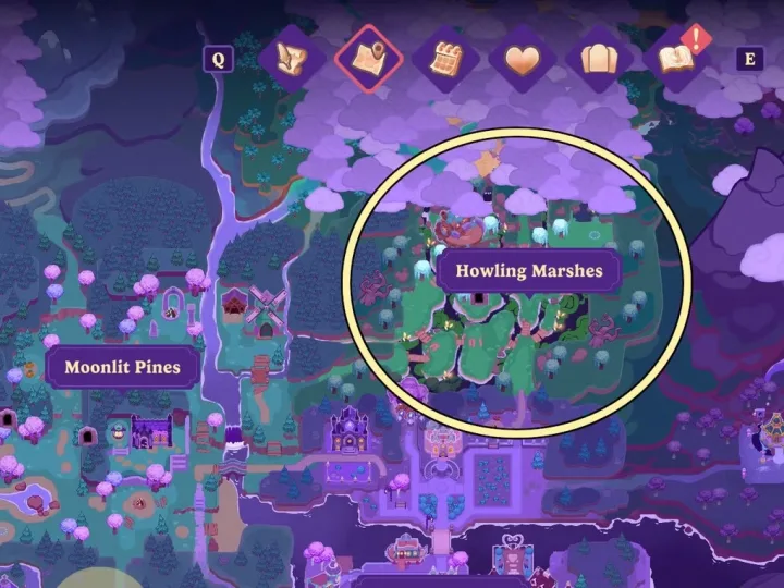 Localização e acessos das Howling Marshes em Moonlight Peaks