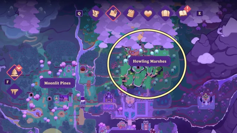 Localização e acessos das Howling Marshes em Moonlight Peaks